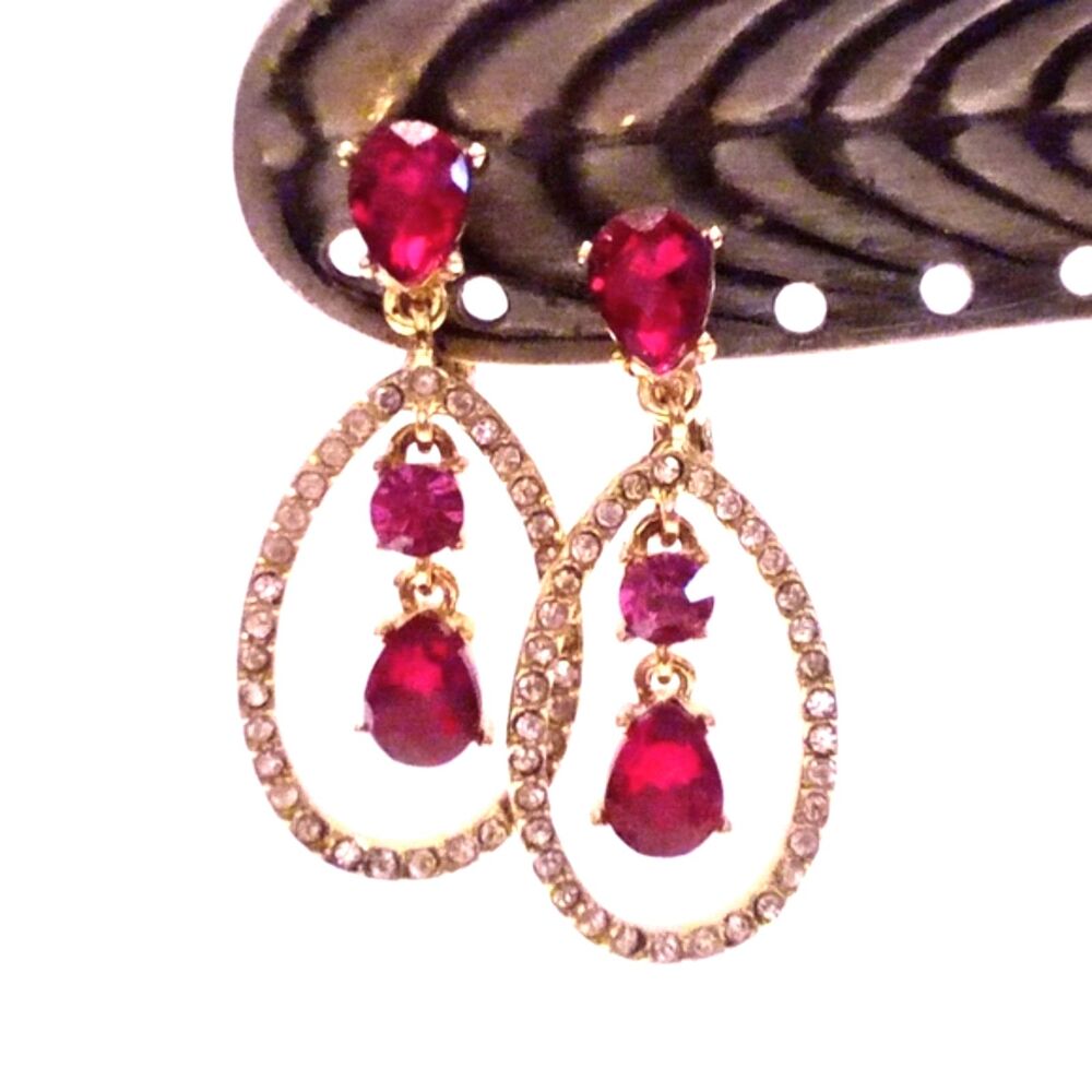 Vintage Signed HMN Napier Faux Ruby Drop Clip Earrings